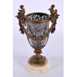 A MID 19TH CENTURY FRENCH BRONZE AND GLASS VASE with unusual silver work interior. 23 cm high.