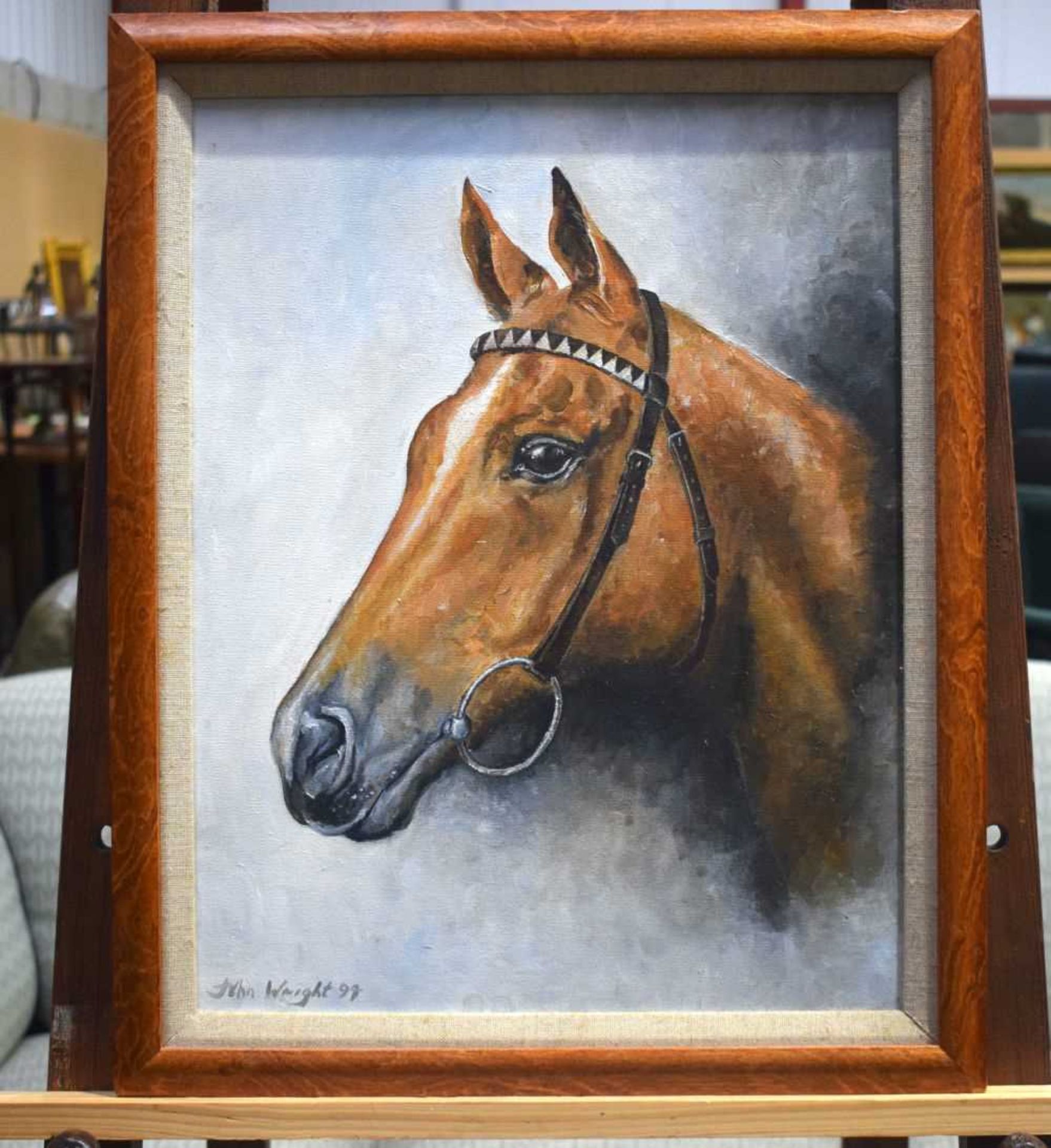 A framed oil on canvas of a horse signed John Wright 45 x 34 cm.