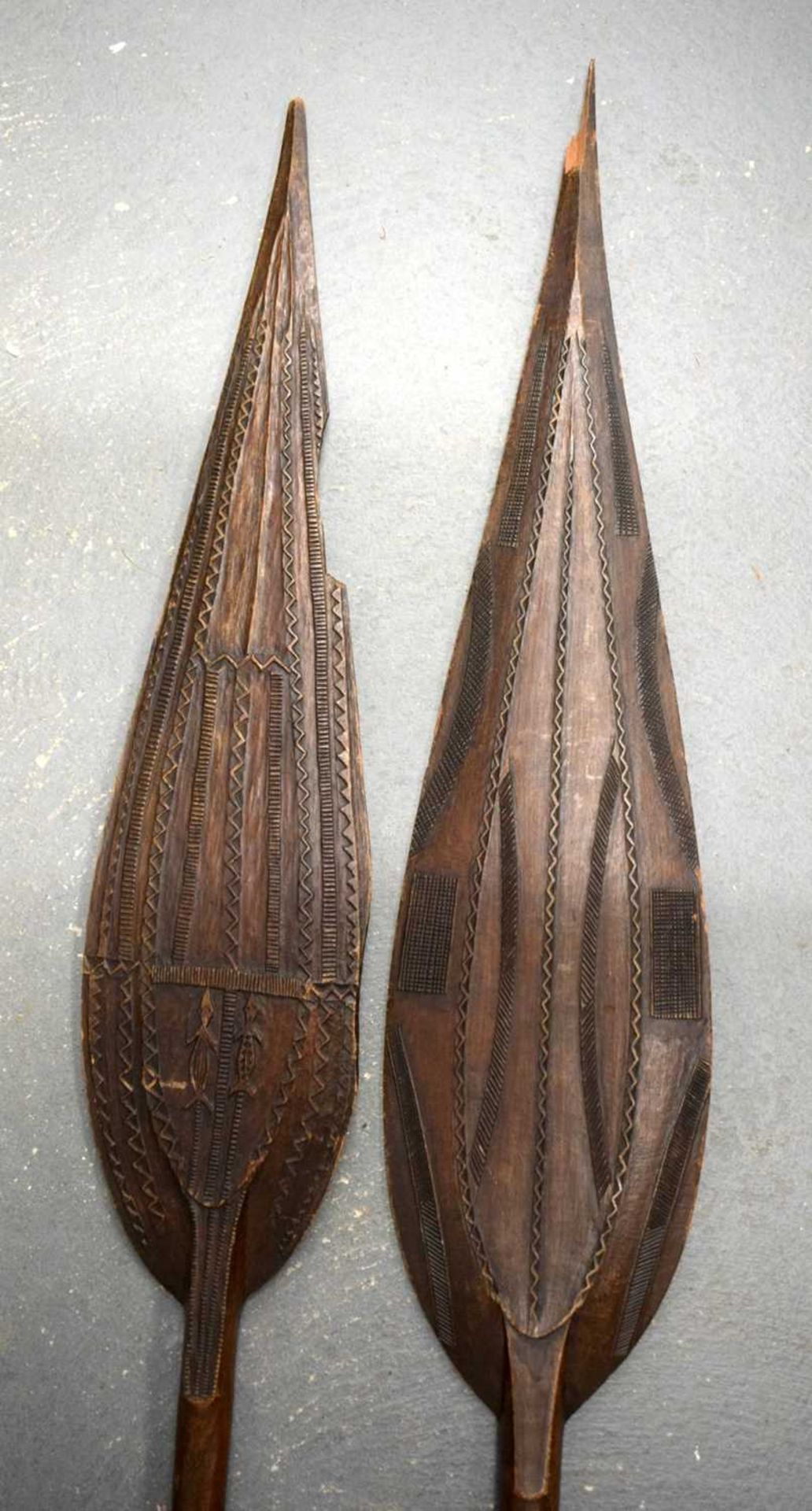 TWO AFRICAN TRIBAL CARVED WOOD PADDLES one decorated with animals, the other with motifs. 160 cm - Image 2 of 13