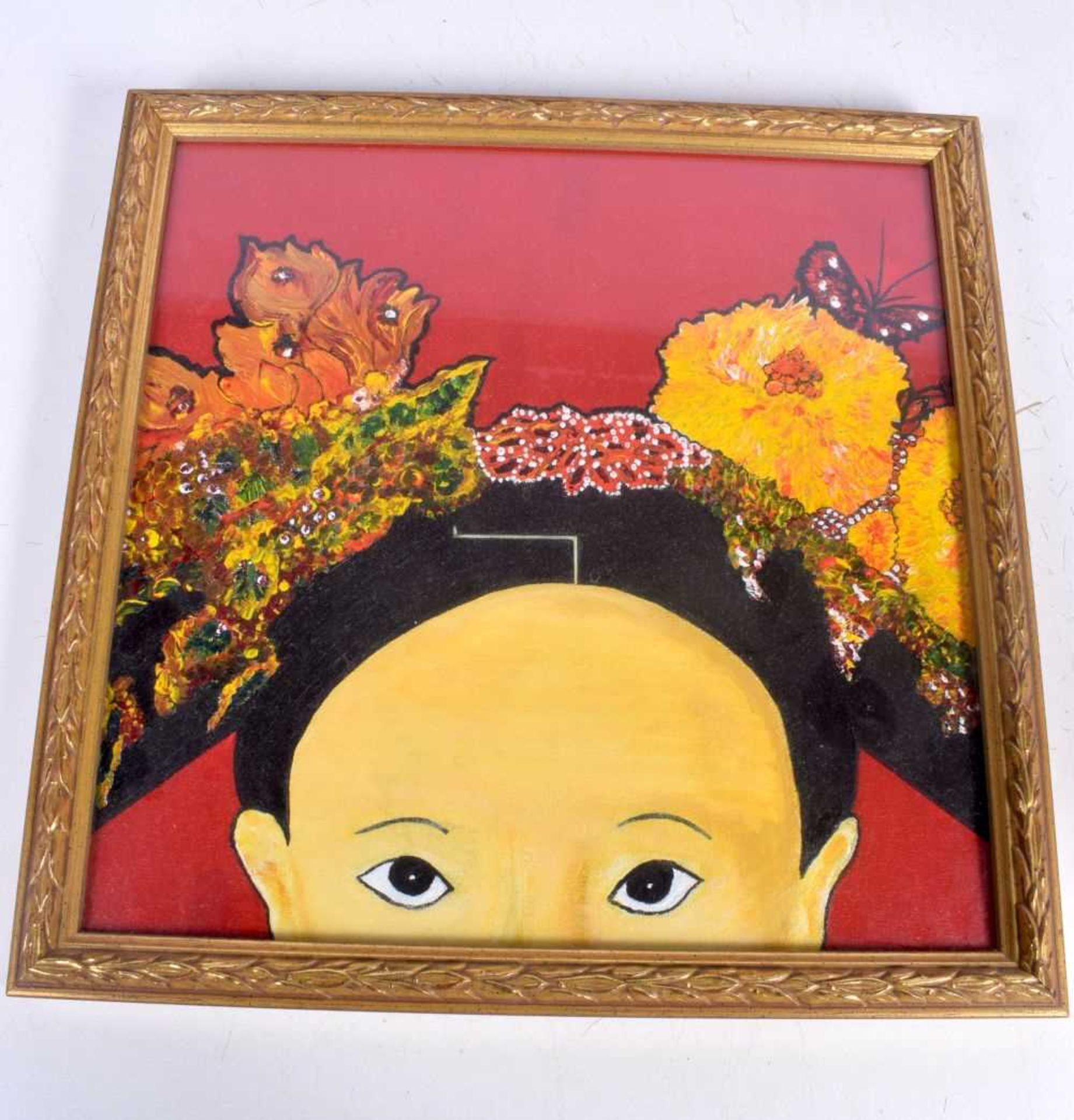 A framed pair of Chinese slippers together with a framed oil on board of a Chinese child and a large - Image 2 of 6