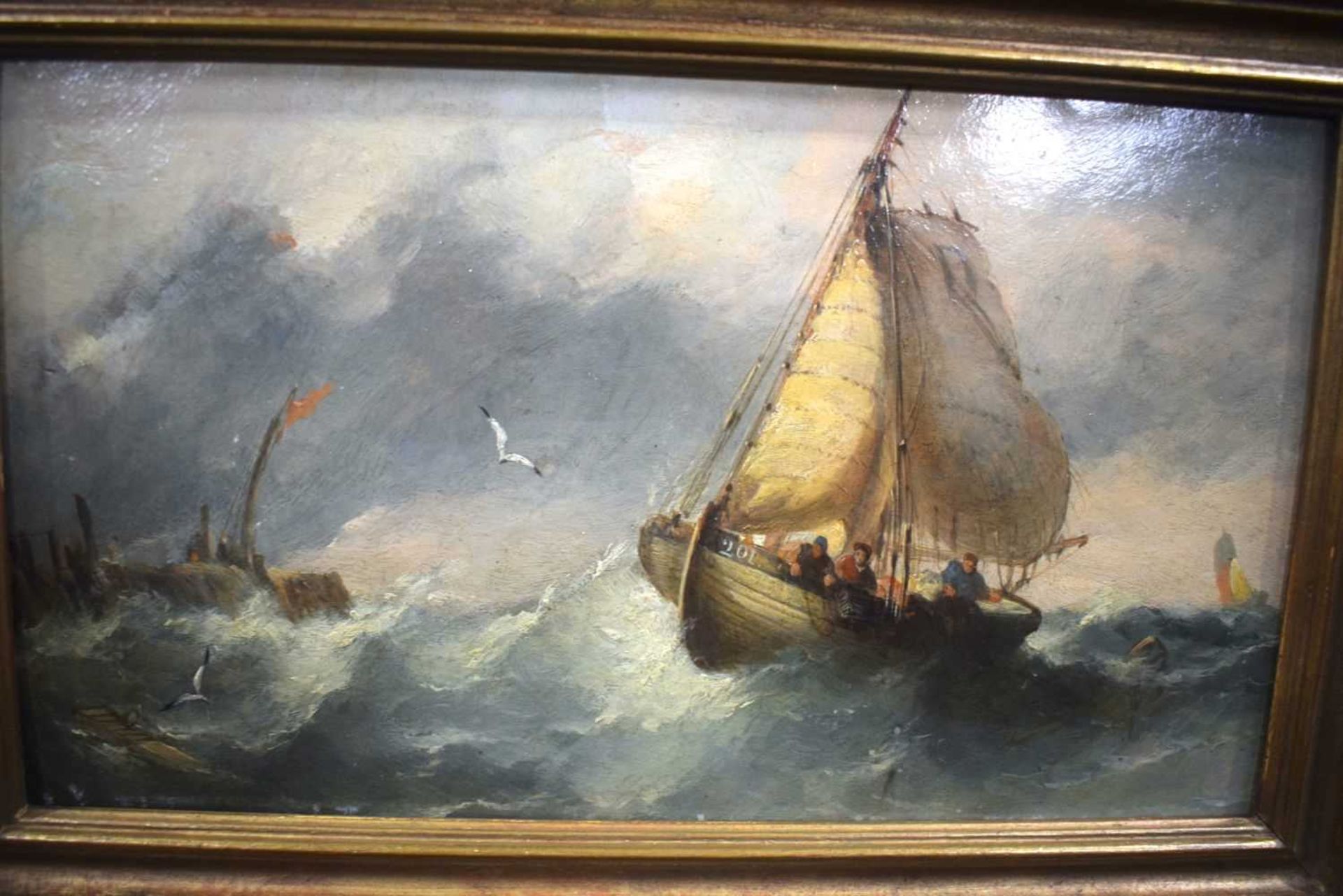 William McAlpine (19th Century British) A Pair of framed oil on board depicting fishing boats in - Image 4 of 5