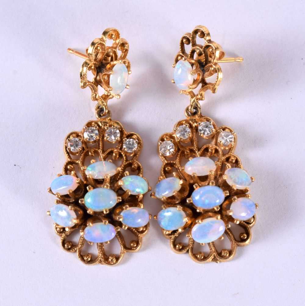 A PAIR OF 14CT GOLD DIAMOND AND OPAL DROP EARRINGS. Stamped 14K, 5.3cm x 3.1cm, weight 10.5g