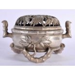 A CHINESE TWIN HANDLED SILVERED BRONZE CENSER AND COVER 20th Century. 16 cm wide, internal width