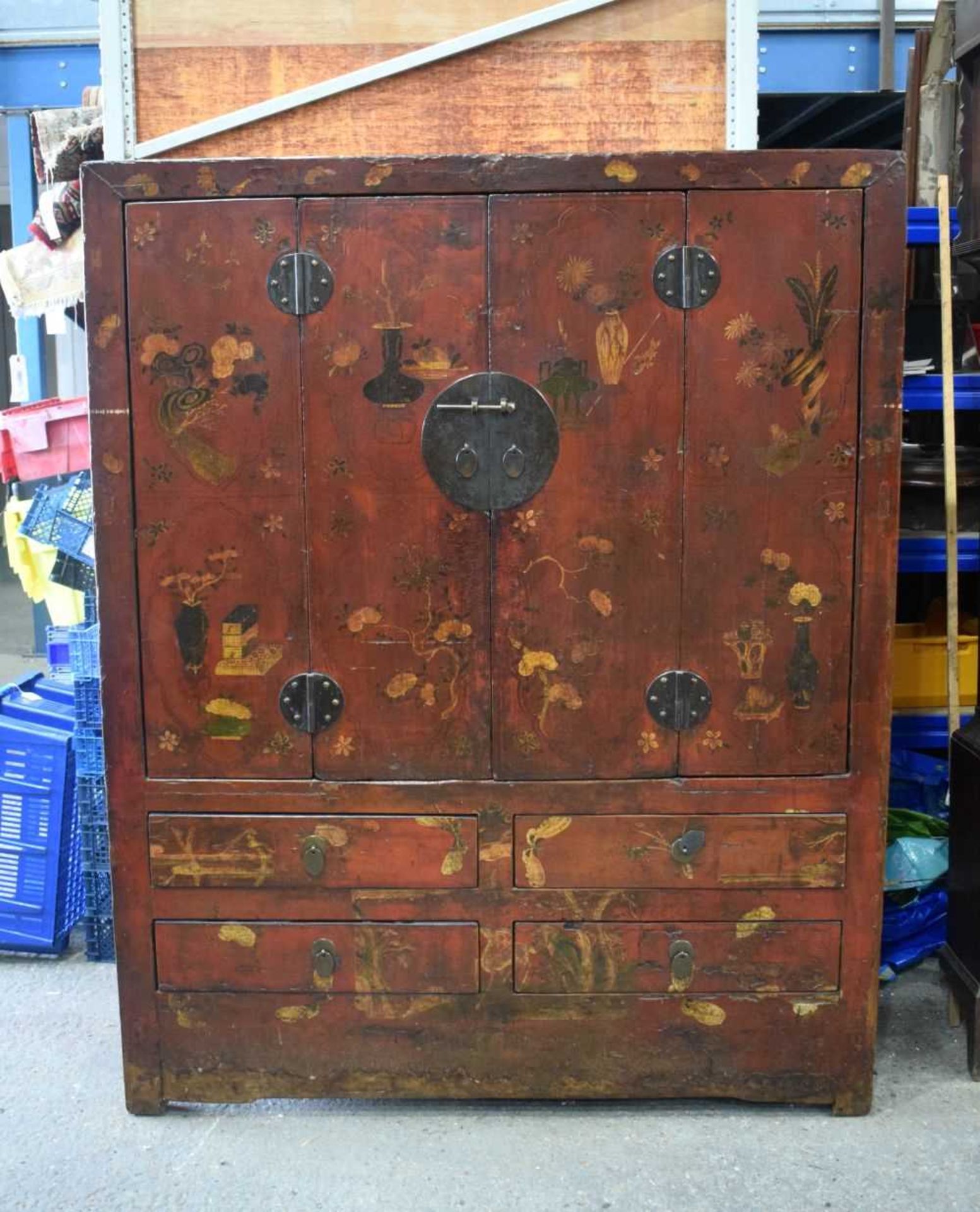 A 19th Century Chinese lacquered Wardrobe with two folding door panels and 4 lower drawers 172 x 138