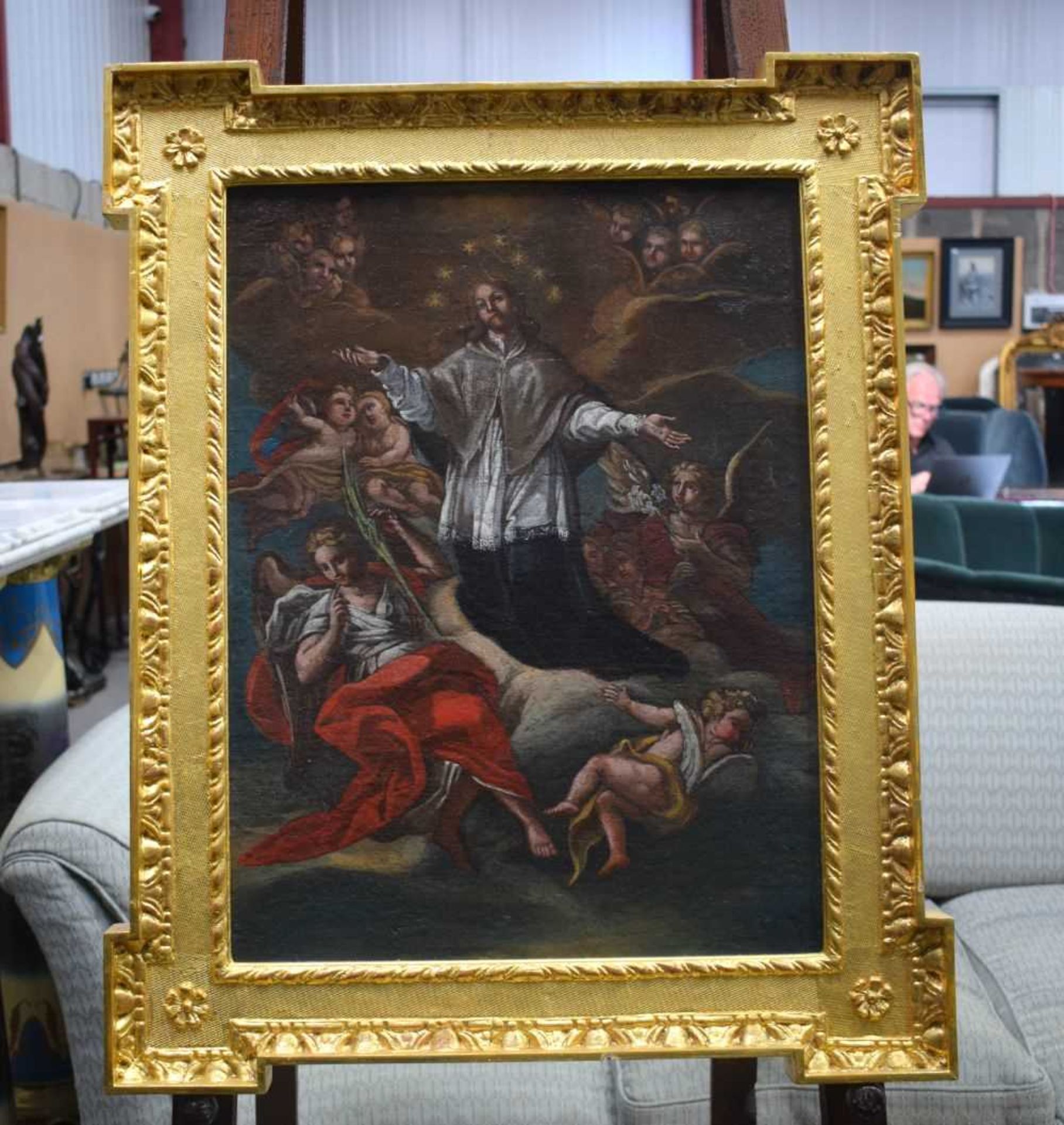 A framed oil on canvas of a religious scene 56 x 42 cm.
