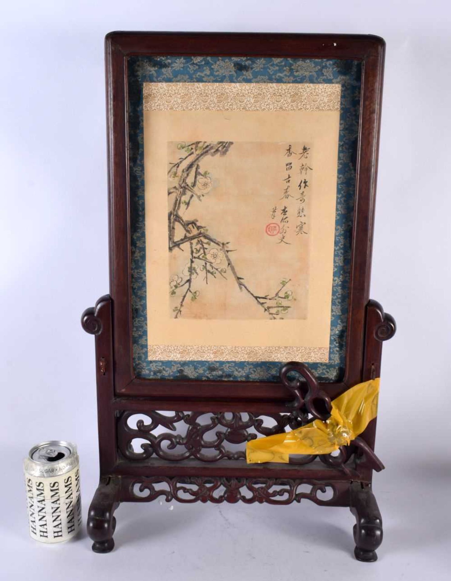 A LATE 19TH CENTURY CHINESE SILK EMBROIDERED PAINTED TABLE SCREEN within a hardwood frame. 54 cm x