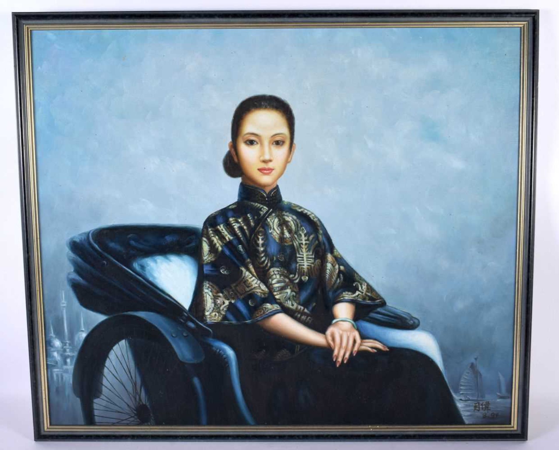 Chinese School (20th Century) Oil on board, Figure on a cart. 60 cm x 54 cm.