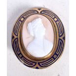 AN ANTIQUE YELLOW METAL AND ENAMEL CAMEO BROOCH. 8.7 grams. 4 cm x 3.5 cm.