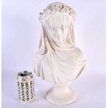 A LARGE EARLY 20TH CENTURY EUROPEAN PLASTER FIGURE OF A VEILED FEMALE modelled upon a pedestal. 38