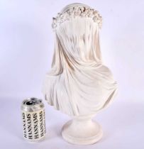 A LARGE EARLY 20TH CENTURY EUROPEAN PLASTER FIGURE OF A VEILED FEMALE modelled upon a pedestal. 38