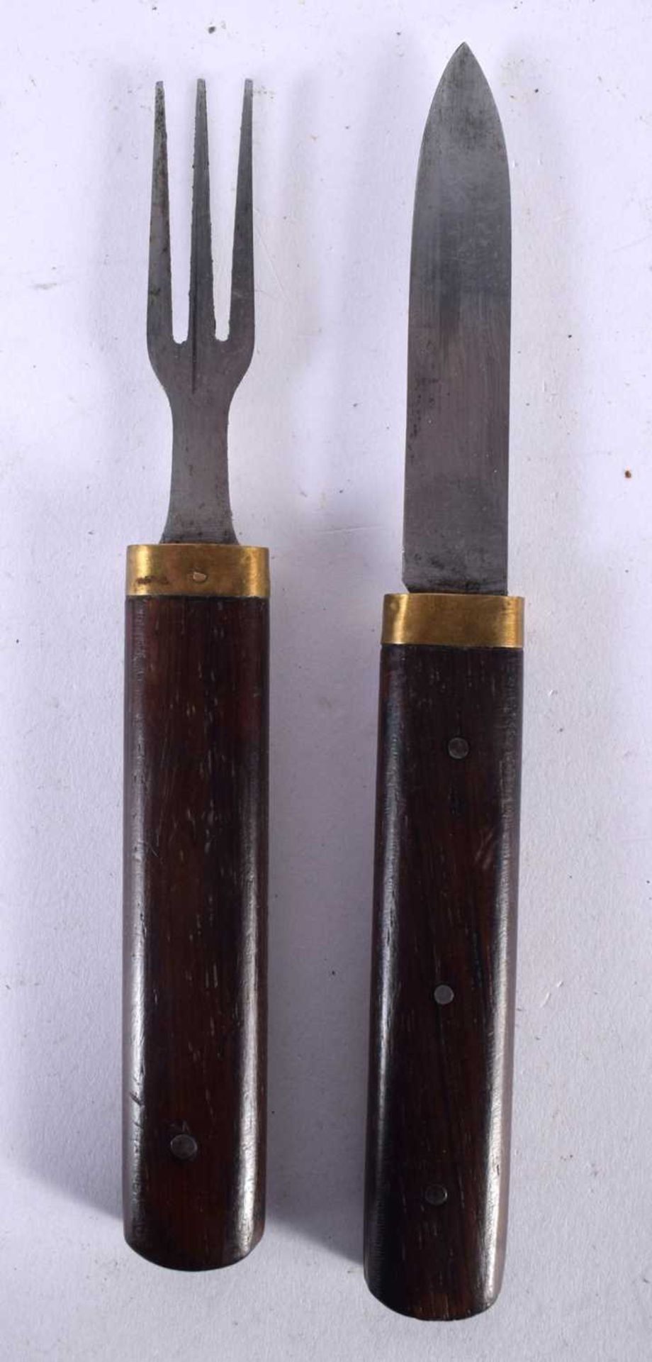 A VINTAGE MILITARY CAMPAIGN KNIFE AND FORK. 19 cm long.