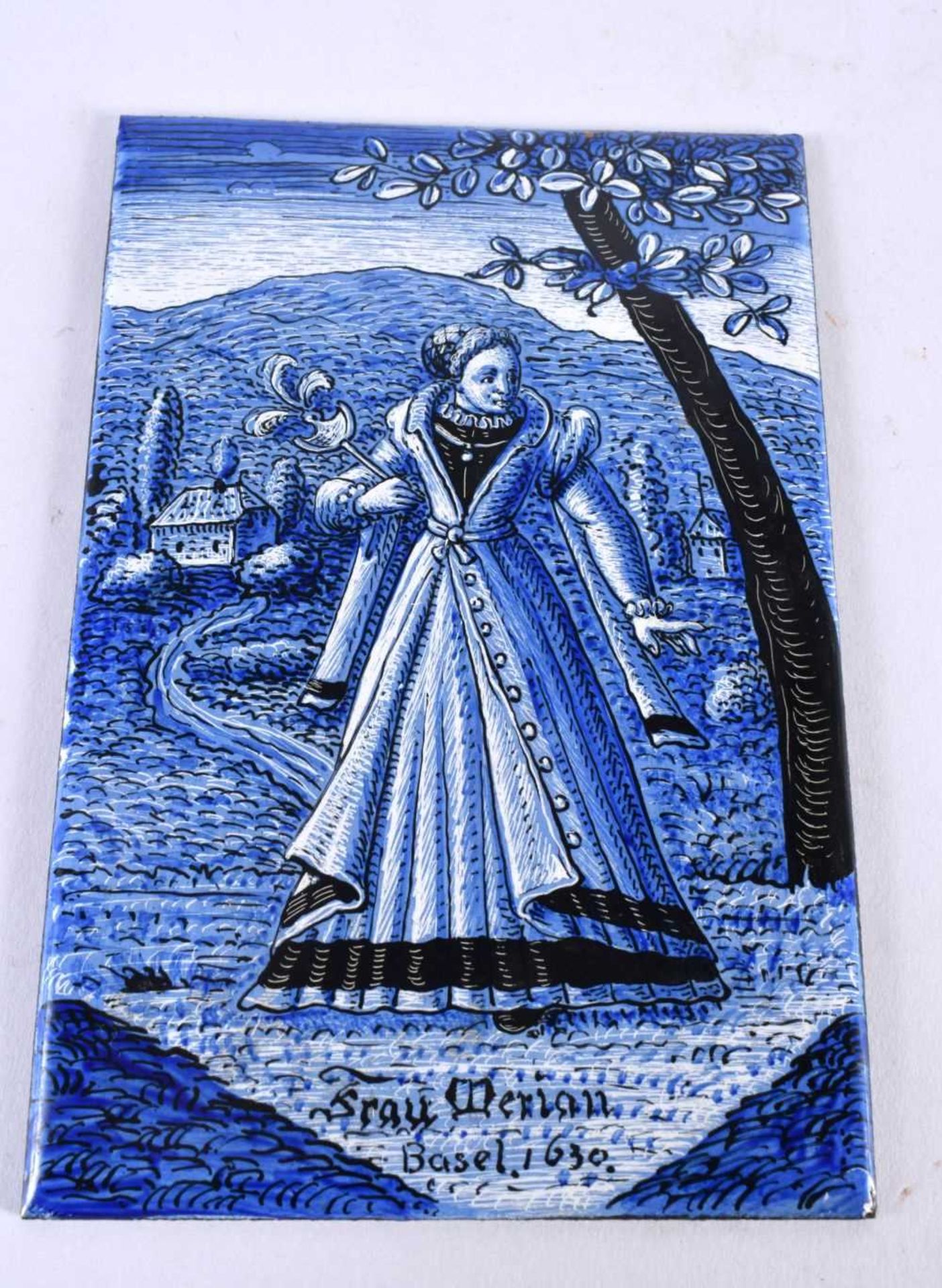 A 19TH CENTURY SWISS AUSTRIAN BLUE AND WHITE ENAMEL PLAQUE painted with a female , dated 1630. 196