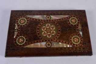 A FINE ANTIQUE ROSEWOOD MOTHER OF PEARL INLAID CASE decorated with geometric motifs. 53.5 grams.