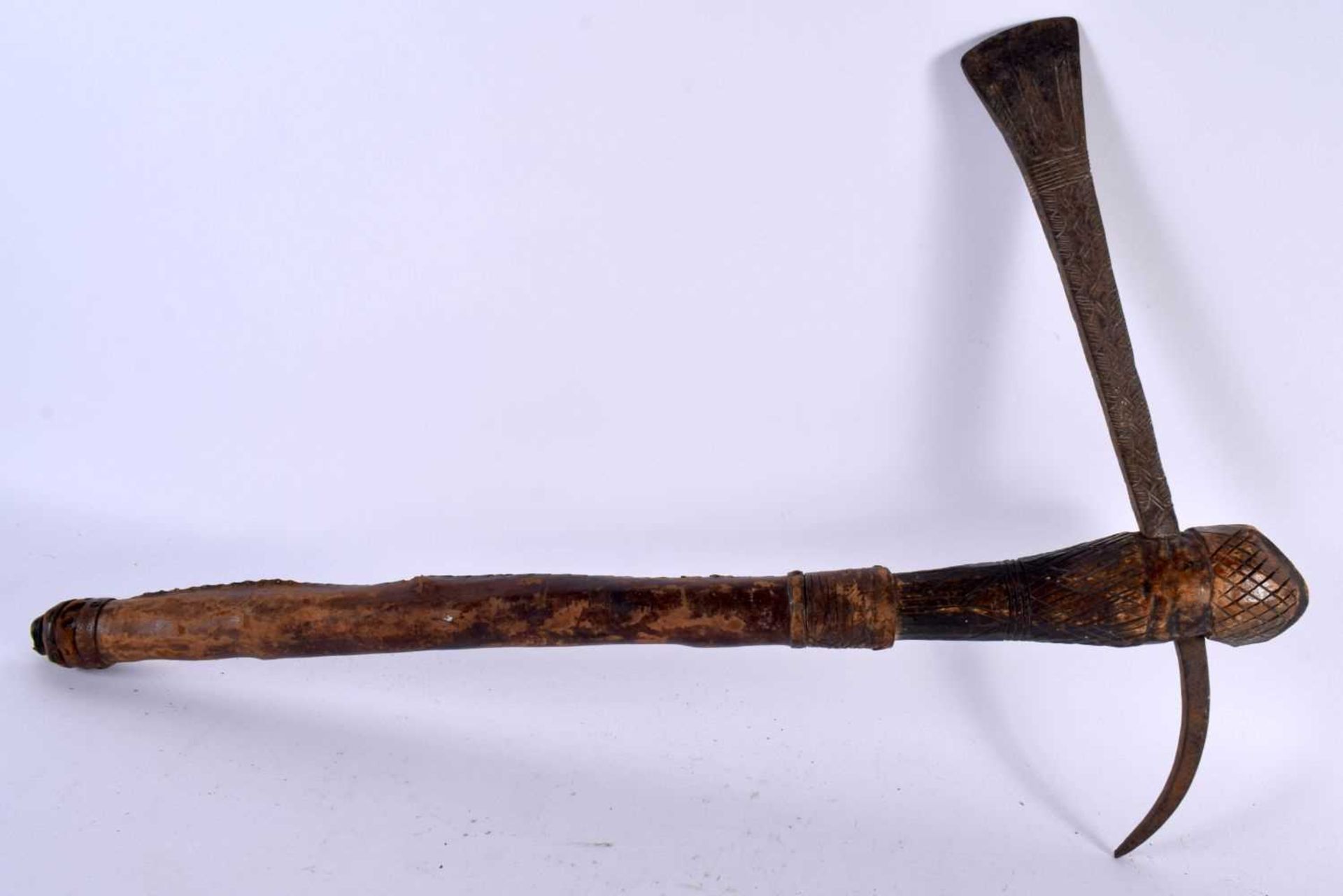 AN AFRICAN TRIBAL CARVED WOOD AND IRON AXE together with two others. Largest 52 cm long. (3) - Image 5 of 13