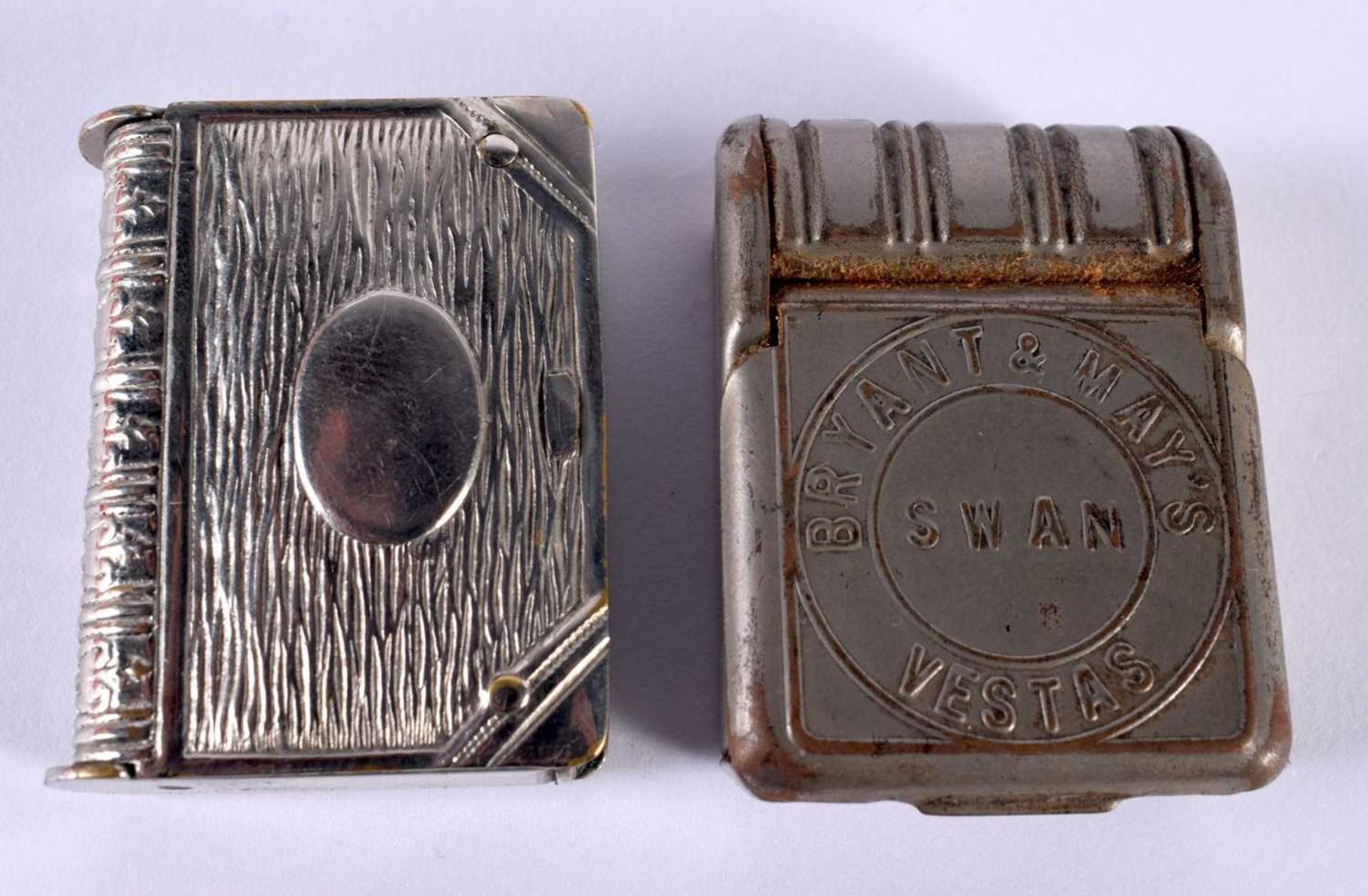 TWO SILVER PLATED NOVELTY VESTA CASES. 46.6 grams. Largest 4.5 cm x 3.5 cm. (2)