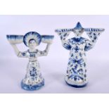 AN ANTIQUE DELFT BLUE AND WHITE TIN GLAZED POTTERY DOUBLE TABLE SALT together with another similar