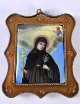 AN ANTIQUE RUSSIAN PORCELAIN GILT METAL MOUNTED ICON PLAQUE painted with a saint. 117 grams. 11cm