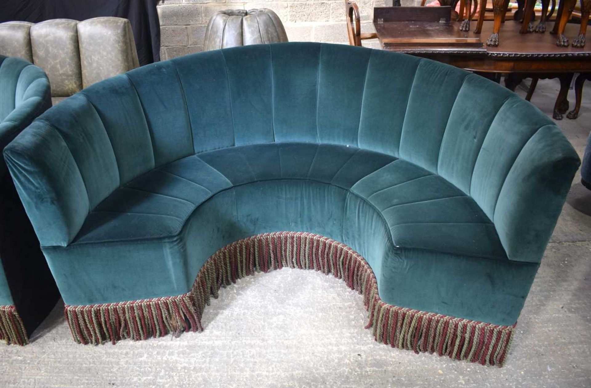 A pair of Semi Circular showroom fabric sofas together with a wooden round topped table 93 x 180 x - Image 6 of 6