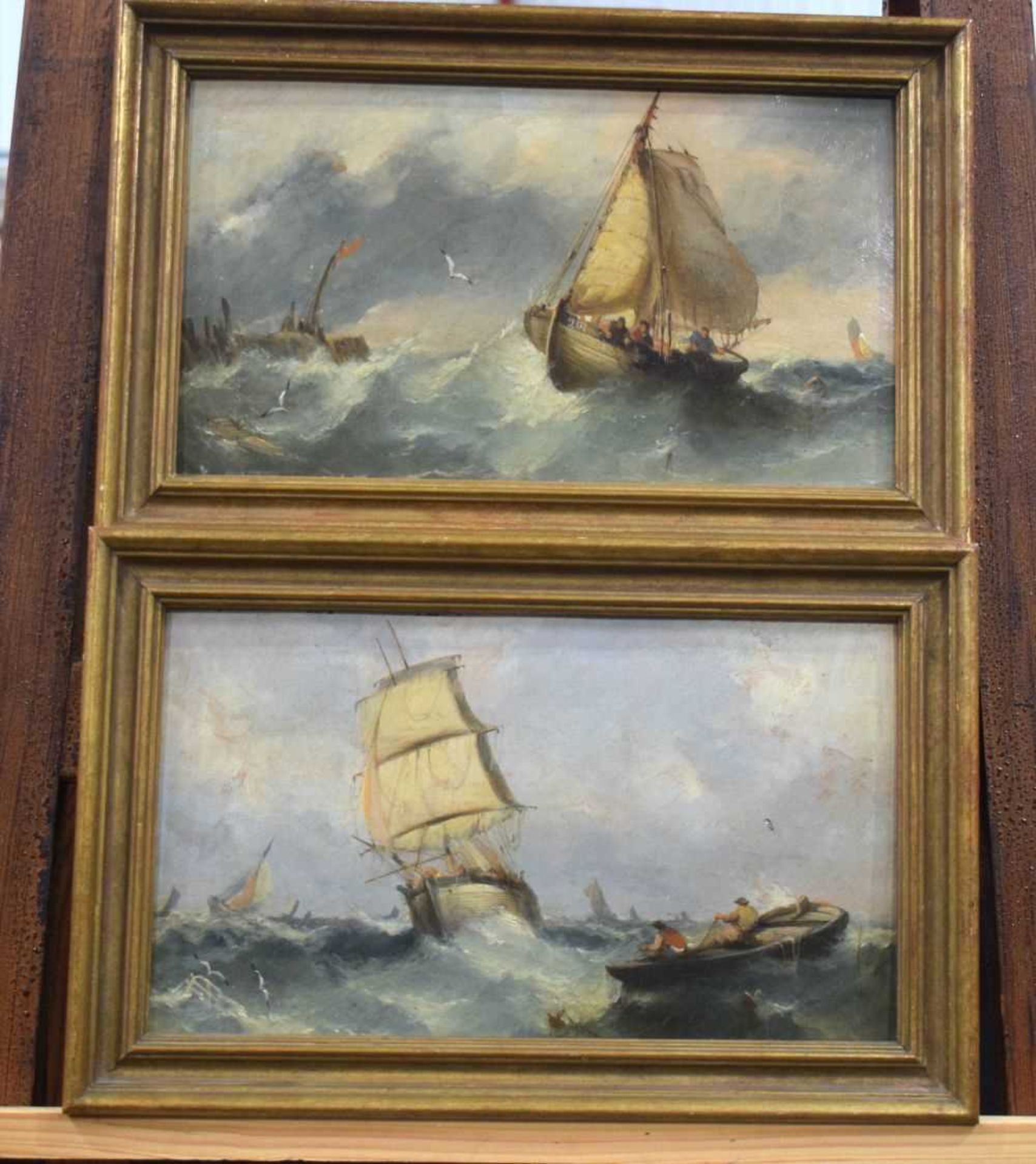 William McAlpine (19th Century British) A Pair of framed oil on board depicting fishing boats in