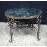 A cast iron framed Marble top coffee table 45 x 63 cm.