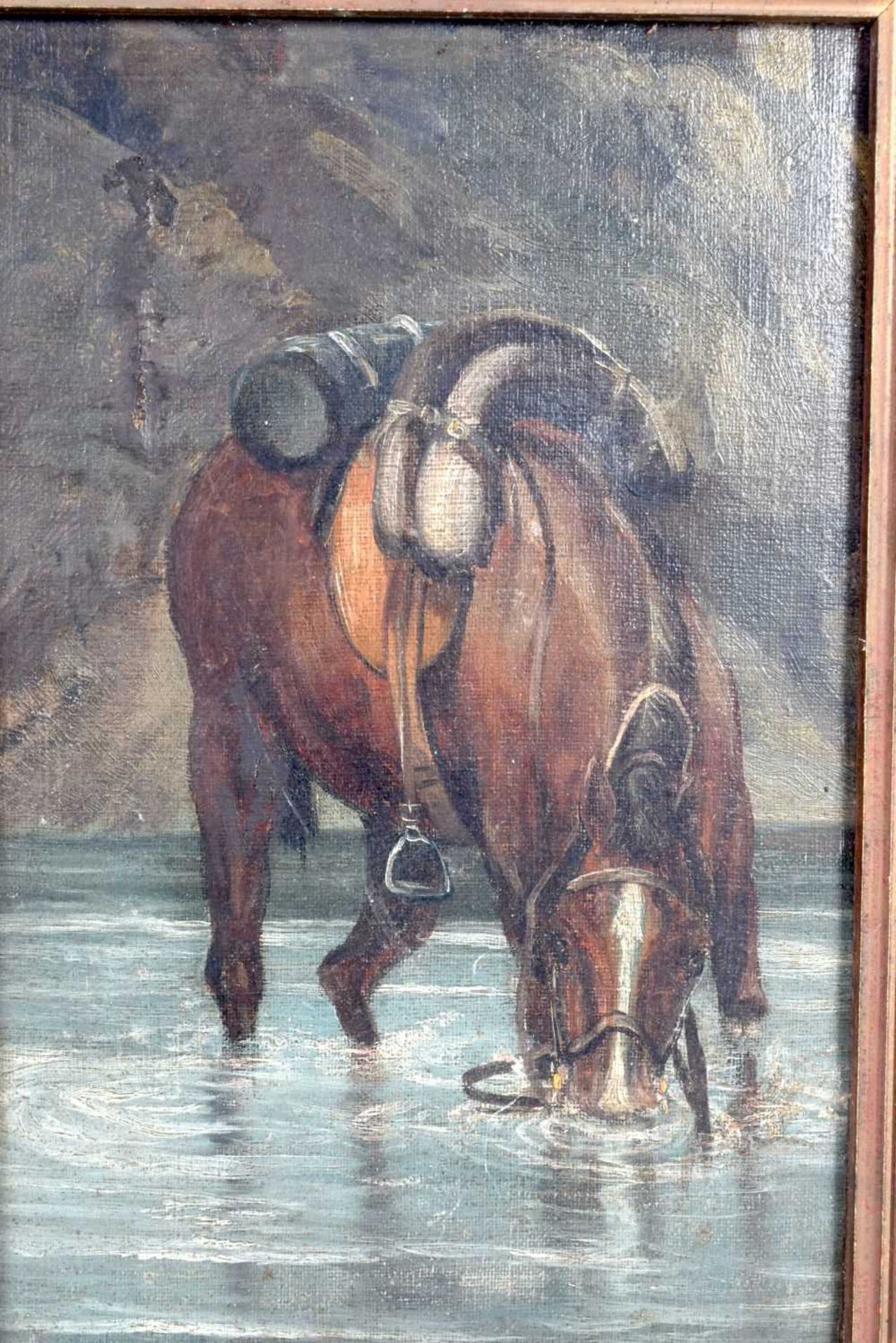 American School , Oil on canvas of a Horse drinking from a stream 29 x 19 cm. - Image 2 of 3