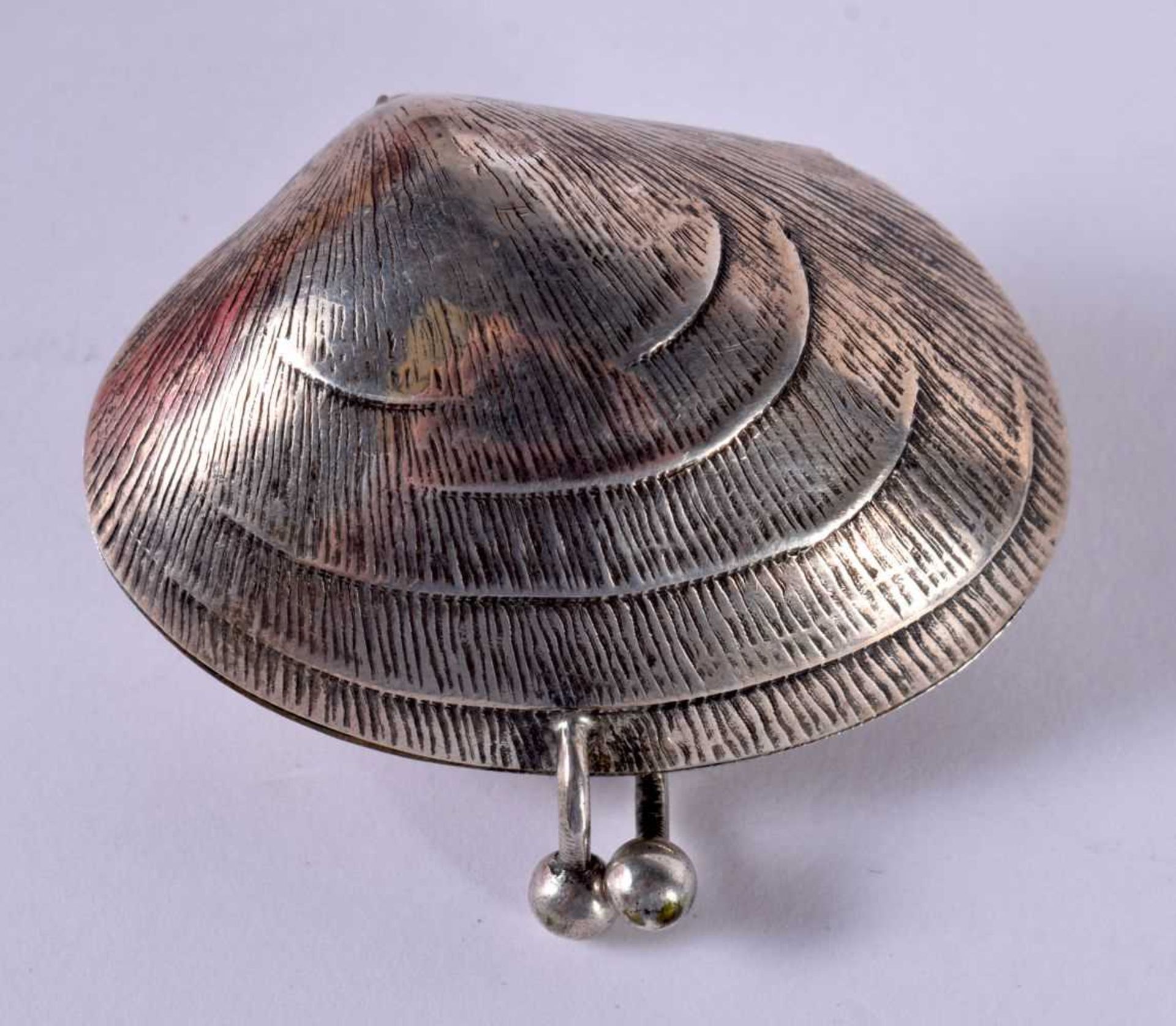 A CONTINENTAL SILVER SNUFF BOX WITH GILT INTERIOR IN THE FORM OF A CLAM SHELL. 2.6 cm x 5.4cm x 4.