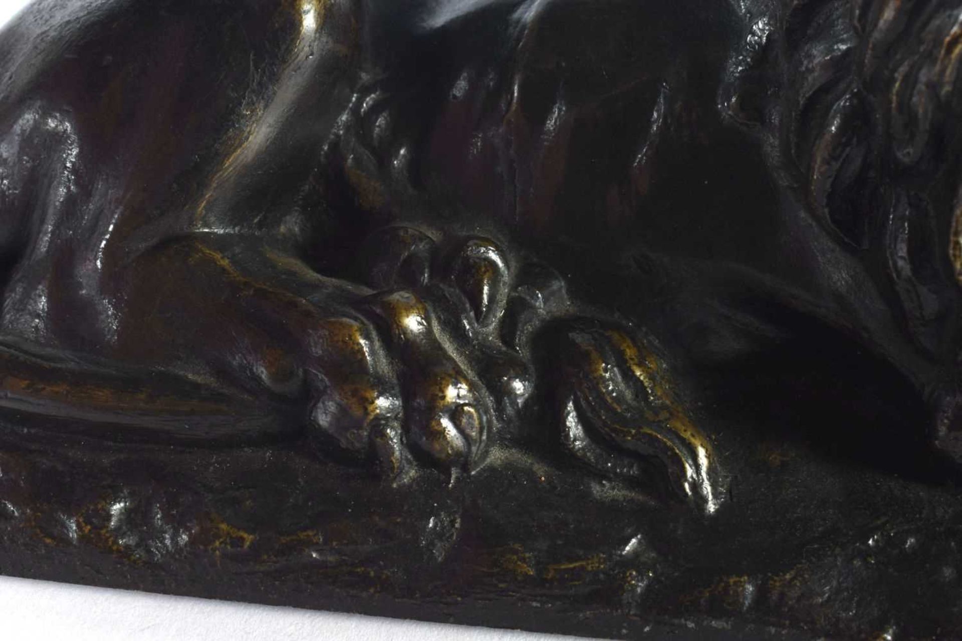 A LOVELY EARLY 19TH CENTURY REGENCY BRONZE MODEL OF A recumbent LION modelled upon a naturalistic - Image 6 of 11