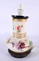 A LATE 18TH/19TH CENTURY ENGLISH PORCELAIN COUNTRY HOUSE TABLE LAMP probably Derby, painted with