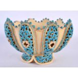 A RARE ANTIQUE HUNGARIAN ZSOLNAY PECS RETICULATED POTTERY BOWL with turquoise painted body. 18cm