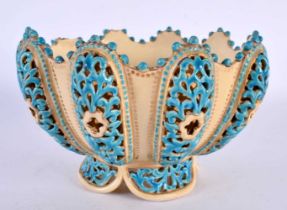 A RARE ANTIQUE HUNGARIAN ZSOLNAY PECS RETICULATED POTTERY BOWL with turquoise painted body. 18cm