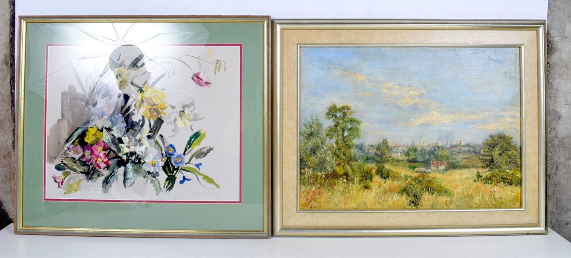 A framed watercolour of spring flowers together with a framed oil on board by N Gills 38 x 49 cm (