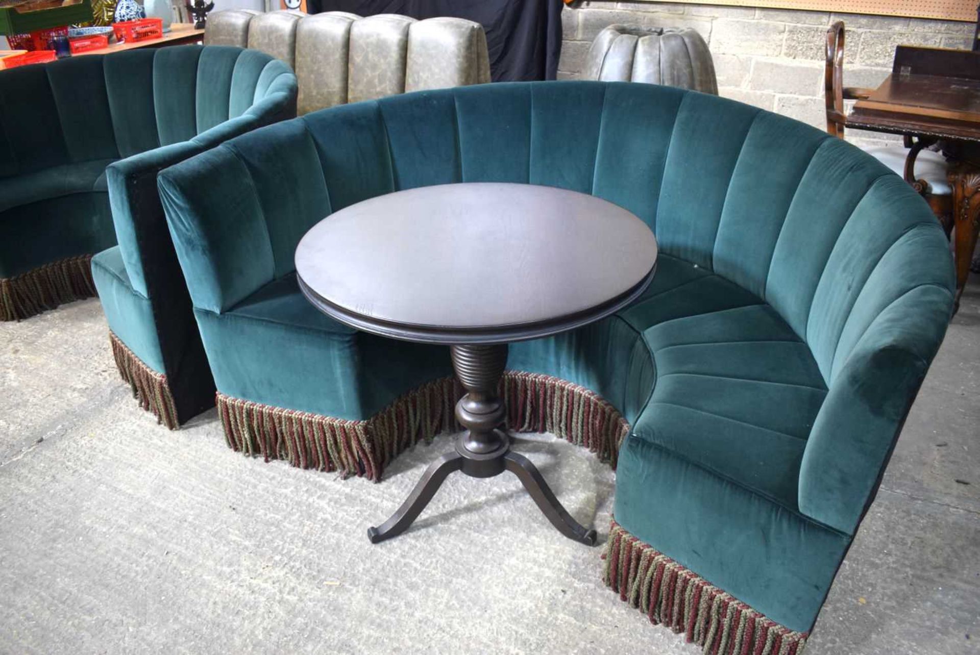 A pair of Semi Circular showroom fabric sofas together with a wooden round topped table 93 x 180 x - Image 2 of 6