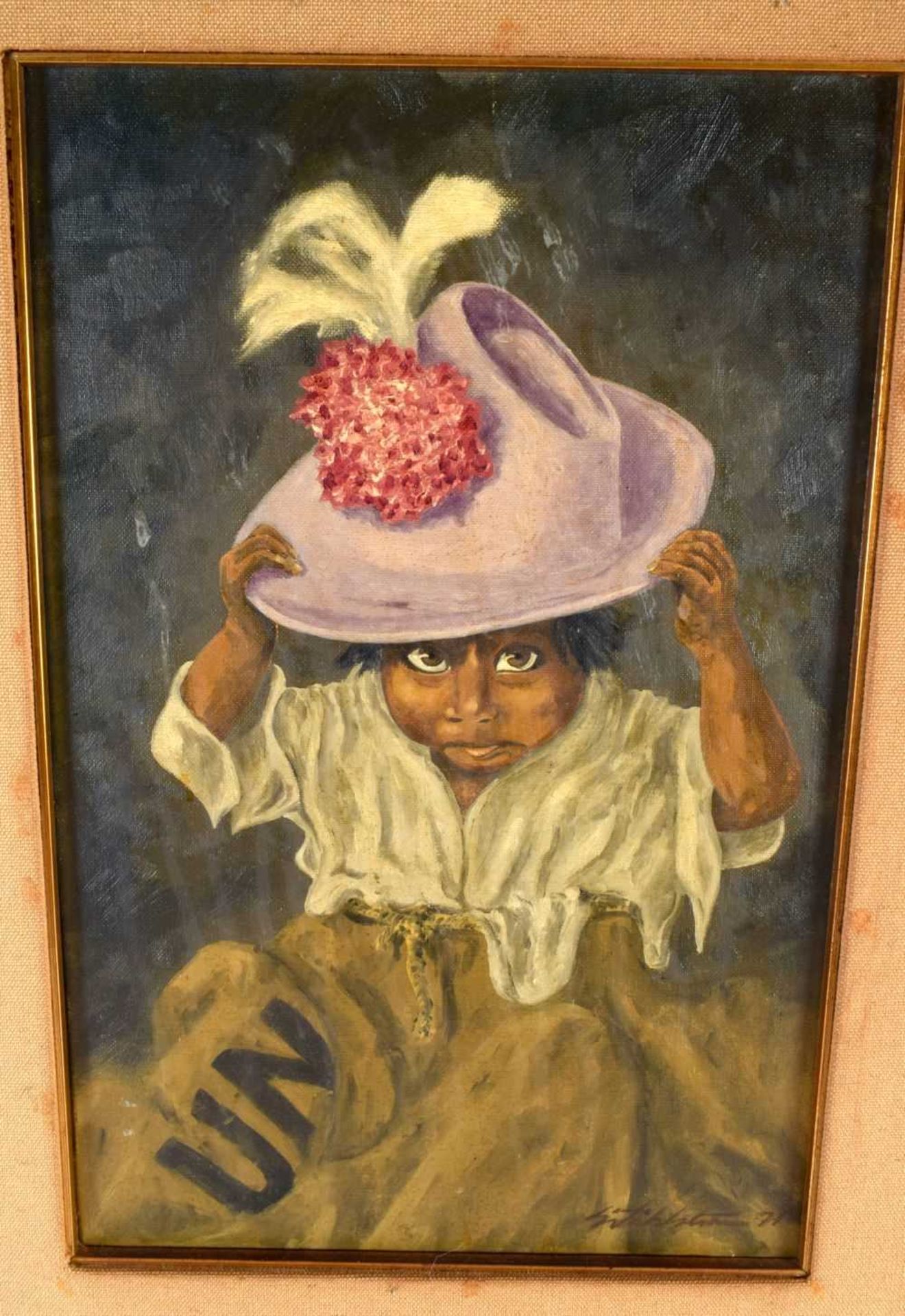 Spanish School (C1970) Oil on canvas, girl in a hat within a UN sack. 58 cm x 42 cm. - Image 2 of 5