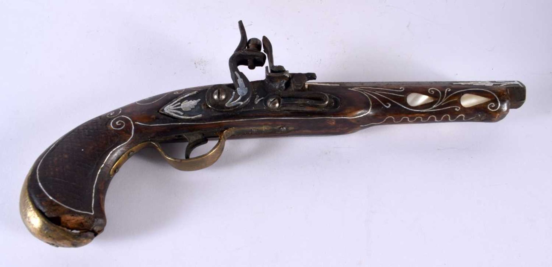 A TURKISH MOTHER OF PEARL INLAID PISTOL together with a Middle Eastern bronze teapot and cover. - Image 2 of 5