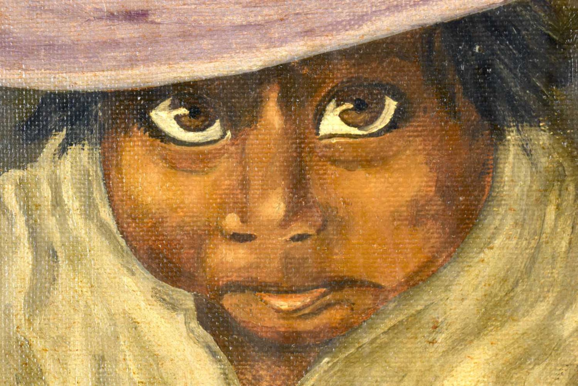 Spanish School (C1970) Oil on canvas, girl in a hat within a UN sack. 58 cm x 42 cm. - Image 3 of 5