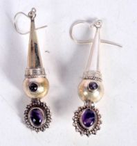 A PAIR OF SILVER DROP EARRINGS SET WITH GEMS. Stamped 925, 6.5cm x 1.2 cm, weight 10.6g