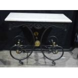 A Vintage French Patisserie table with cast iron base and marble top 82 x 100 x 60 cm .