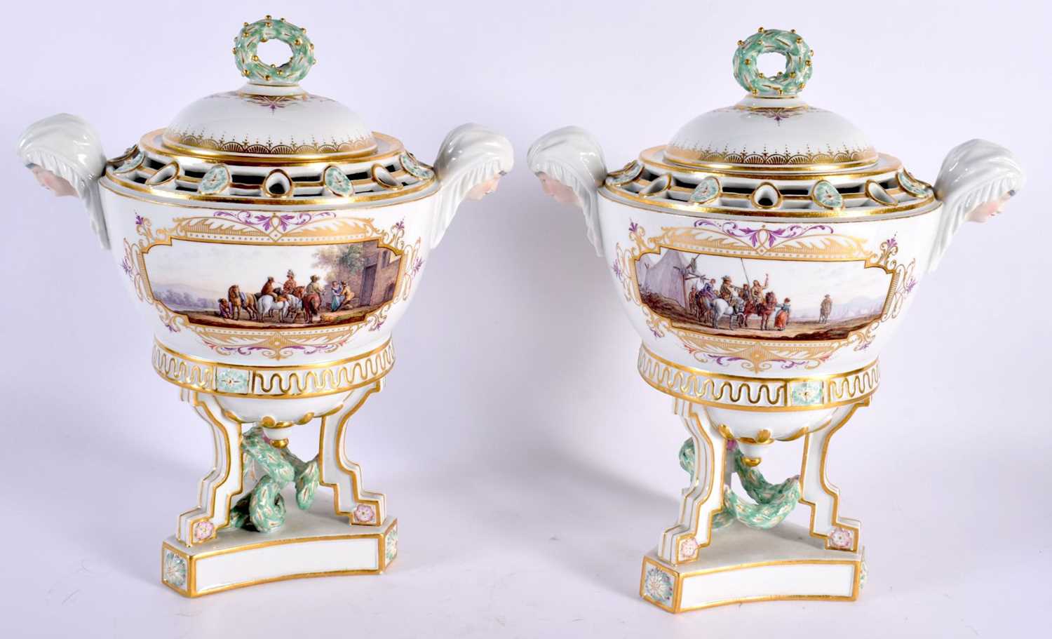 A FINE PAIR OF 19TH ENTURY MEISSEN POT-POURRI VASES AND COVERS with blue crossed swords marks,