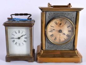 TWO CARRIAGE CLOCKS Largest 19 cm high inc handle. (2)