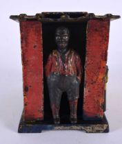 A VERY RARE 19TH CENTURY COLD PAINTED CAST IRON NOVELTY MONEY BOX modelled as a standing male with