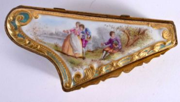 A LATE 19TH CENTURY FRENCH PORCELAIN SNUFF BOX unusually in the form of a harp, painted with