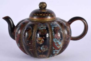 A SMALL 19TH CENTURY JAPANESE MEIJI PERIOD CLOISONNE ENAMEL TEAPOT AND COVER of melon lobed form,