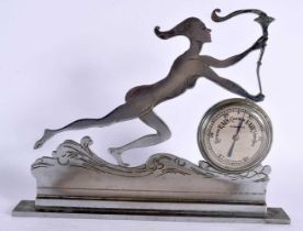 AN ART DECO CHROME DESK BAROMETER formed as a stylised female holding aloft a flaming cornucopia. 24