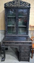 AN UNUSUAL 19TH CENTURY CHINESE CARVED HARDWOOD DISPLAY CASE ON DESK exceptionally carved with