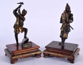 A SMALL PAIR OF 19TH CENTURY JAPANESE MEIJI PERIOD BRONZE OKIMONO by Miyao Eisuke, one modelled