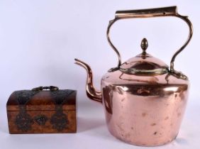 A VICTORIAN COPPER KETTLE together with a burr walnut jewellery box. 30 cm x 18 cm. (2)