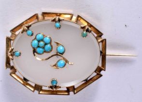 A LATE VICTORIAN YELLOW METAL AGATE AND TURQUOISE BROOCH. 11.4 grams. 3 cm x 3.75 cm.