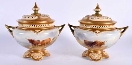 A FINE PAIR OF ROYAL WORCESTER POT POURRI AND COVERS C1910 painted with cattle in landscapes by