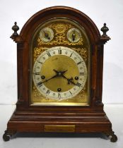 A LARGE LATE VICTORIAN OAK CHIME SILENT MANTEL CLOCK inscribed 'Presented to W Bro Arthur Moore on