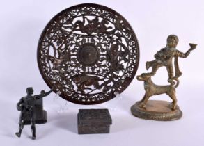AN ANTIQUE COALBROOKDALE CAST IRON DISH together with an Indian bronze figure etc. Largest 20 cm